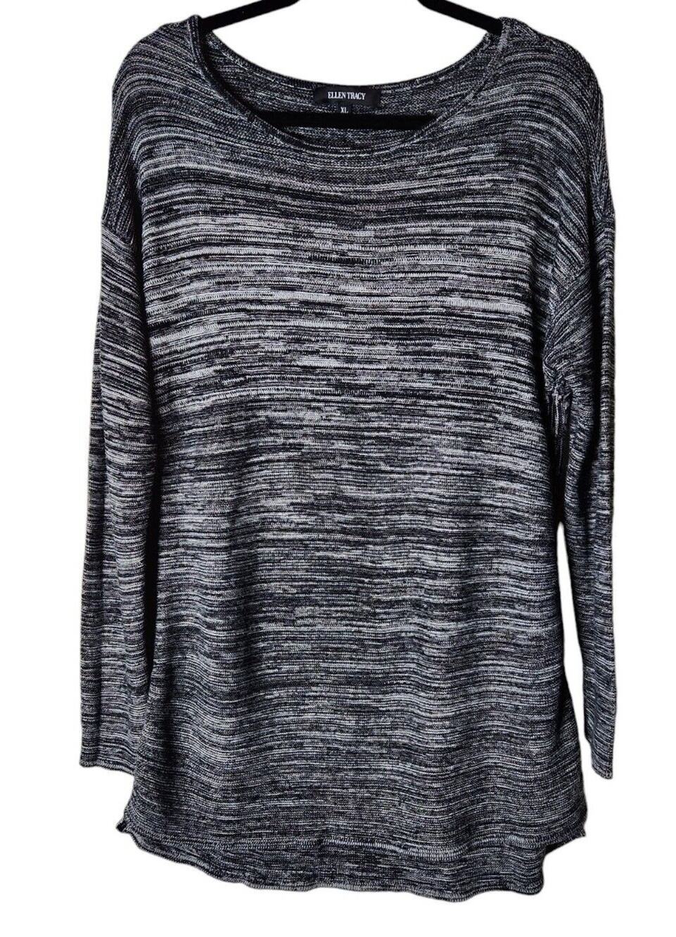Ellen Tracy Tunic Sweater Womens Size XL Black Marled Knit Long Line Pullover